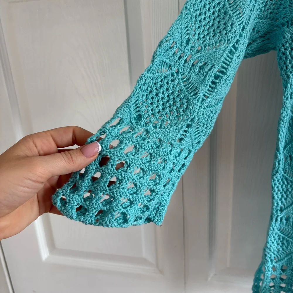 Jeanne Pierre Turquoise Blue Crochet Cover Up Tunic‎ Top XL Boho Coastal Granny - Picture 2 of 7
